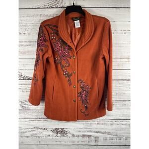 Bob Mackie Wearable Art Jacket Women's SZ S Orange Embroidered Floral Lined